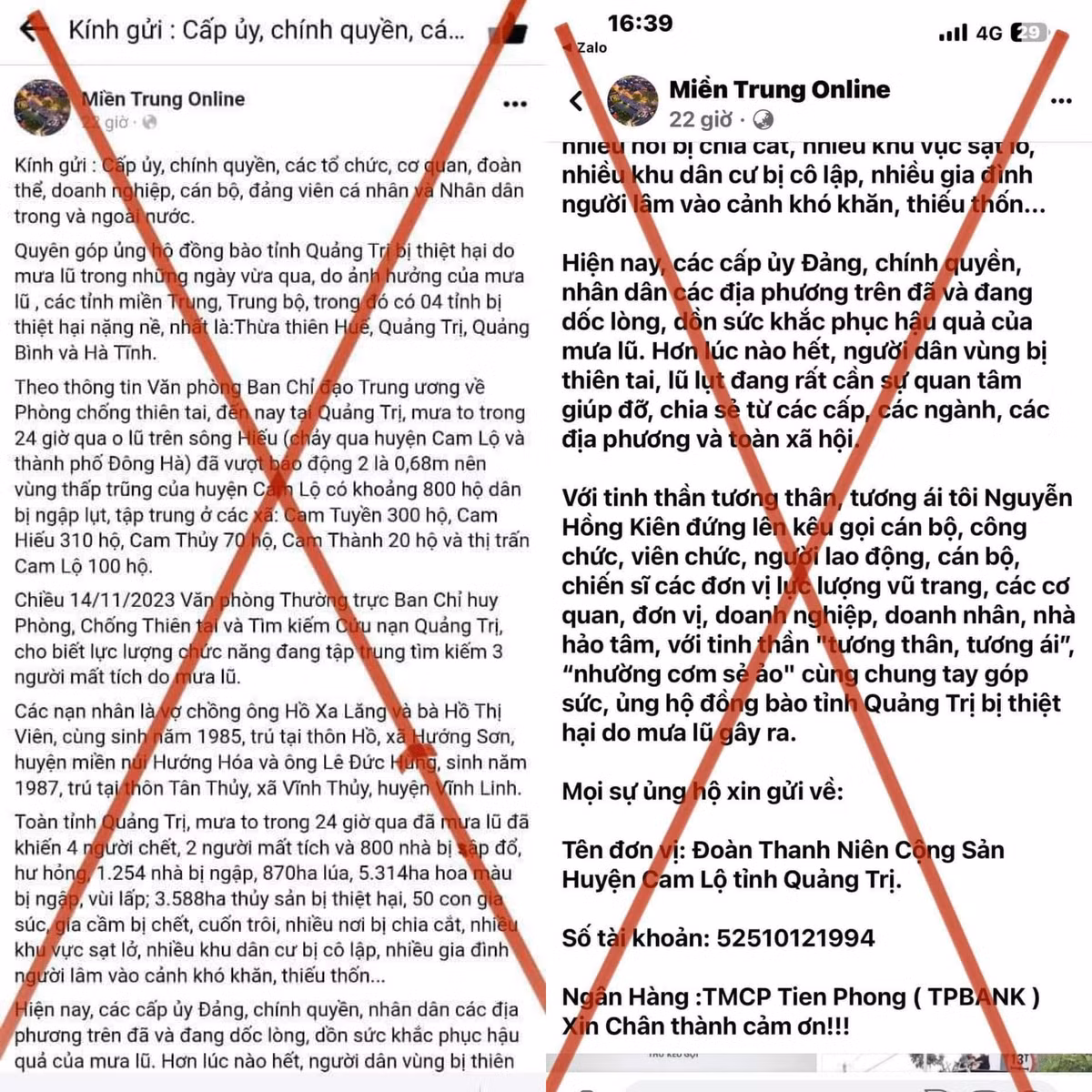 Dieu tra vu gia mao thu keu goi ung ho dong bao bi lu lut o mien Trung