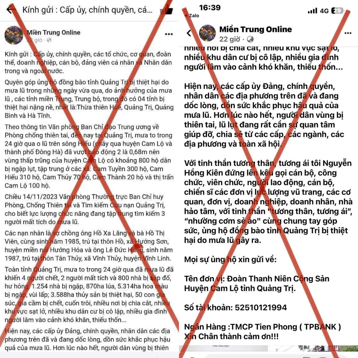 Dieu tra vu gia mao thu keu goi ung ho dong bao bi lu lut o mien Trung