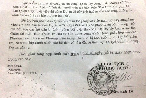UBND quận Thủ Đức cho rằng qua kiểm tra thực tế, được biết Dự án xây dựng tuyến đường nối TSN-BL- VĐN đã gây ảnh hưởng đến các công trình giáp ranh (xảy ra hiện tượng lún nứt).