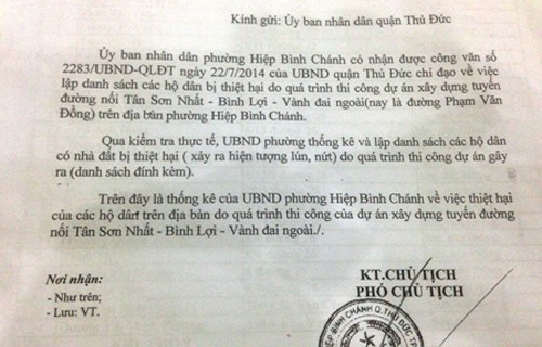 UBND phường Hiệp Bình Chánh đã kiểm tra, xác định các hộ dân có nhà đất bị thiệt hại do quá trình thi công dự án...