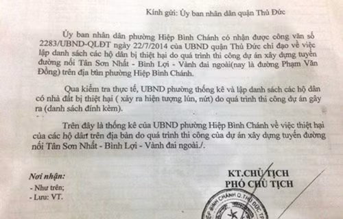 UBND phường Hiệp Bình Chánh đã kiểm tra, xác định các hộ dân có nhà đất bị thiệt hại do quá trình thi công dự án...