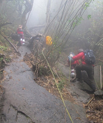 Cung đường này có nhiều đoạn rất dốc và hiểm trở. Dân phượt thường xuyên phải thuê người bản địa dẫn đường, trợ giúp để đi qua những đoạn đường khó khăn. Đã từng có nhiều vụ mất tích xảy ra tại cung đường chinh phục Fansipan và dù được xem là địa danh "không thể không đến" khi thăm Sapa nhưng kèm với đó vẫn là vô số nguy hiểm luôn chờ sẵn mà dân phượt phải nghĩ đến trước khi thử thách. Ảnh: Yeudulich.