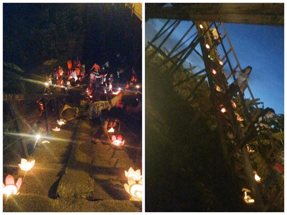 Đêm hoa đăng rực rỡ làm bừng sáng một đoạn cầu Long Biên và khu vực bãi giữa sông Hồng.