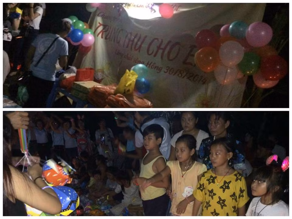 Buổi liên hoan với phông bạt, phần trang trí rất đơn sơ và diễn ra ngay tại bãi giữa sông Hồng, nơi có làng chài và rất nhiều em nhỏ có gia cảnh nghèo khó. Bữa tiệc mang tên "Trung Thu cho em" với ước mong để mọi trẻ em đều có được ngày Tết truyền thống ấm áp, vui tươi.