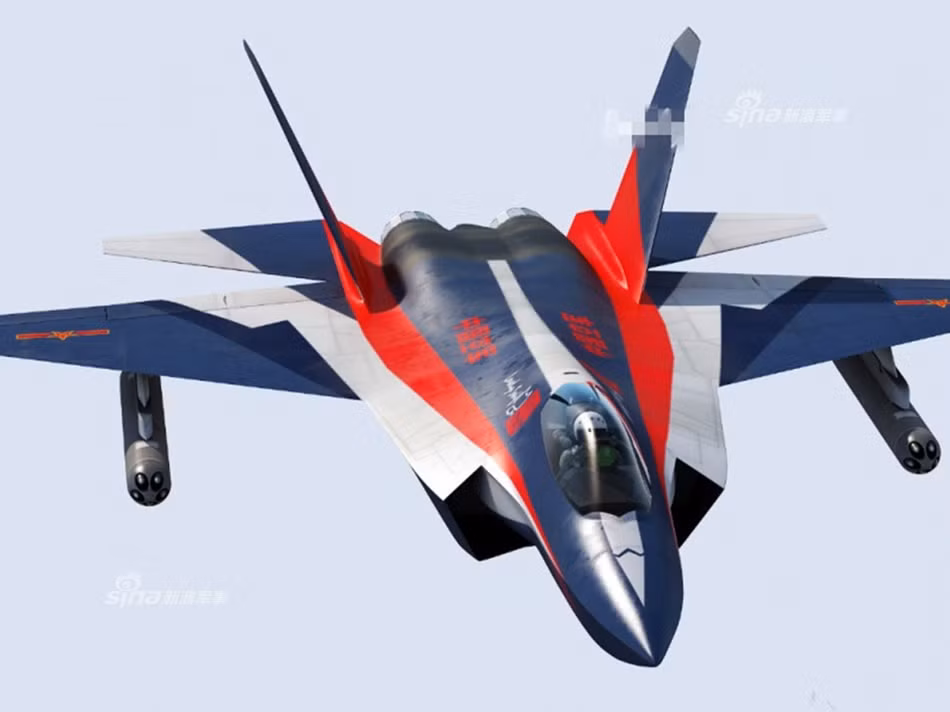 Một ảnh chế J-31 mang màu sơn của đội bay biểu diễn Bát Nhất. Trung Quốc dự định đưa J-31 vào trang bị trong năm 2018, hoặc 2019, tuy nhiên mốc thời gian này xem ra khó có thể thực hiện được. Ảnh: Sina.