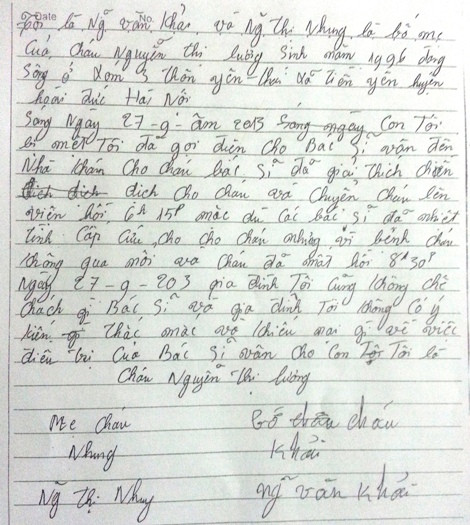 Bức thư của gia đình nạn nhân Nguyễn Thị Lương.