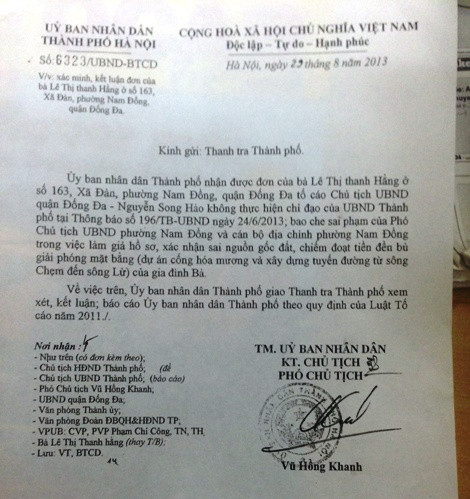 Công văn UBND thành phố Hà Nội đề nghị Thanh tra thanh phố làm rõ sự việc 163 Xã Đàn. Ảnh: M.T