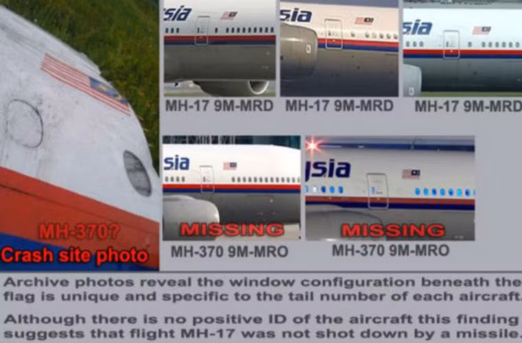 Hình ảnh về thân máy bay hay được các tín đồ của thuyết âm mưu sử dụng để chứng minh MH370 chính là MH17 bị bắn rơi ở miền đông Ukraine.