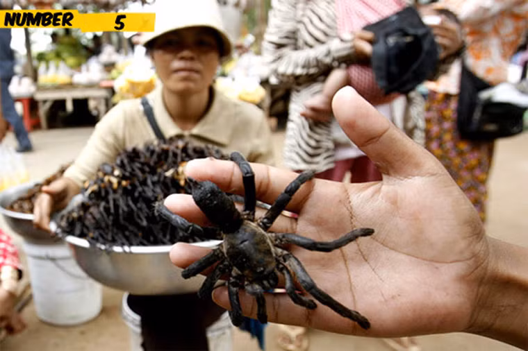 Nhện chiên. Là món ăn đường phố phổ biến tại Campuchia. Những chú nhện chủ yếu được chế biến bằng cách chiên. Khi thưởng thức, nhện có vị giòn dai hấp dẫn. Điều khiến thực khách quốc tế e ngại chính ở hình thù đầy lông lá, đen bóng. Đặc biệt, khi thưởng thức, bạn có thể gặp phiền phức từ lớp dịch đen tiết ra từ món ăn.