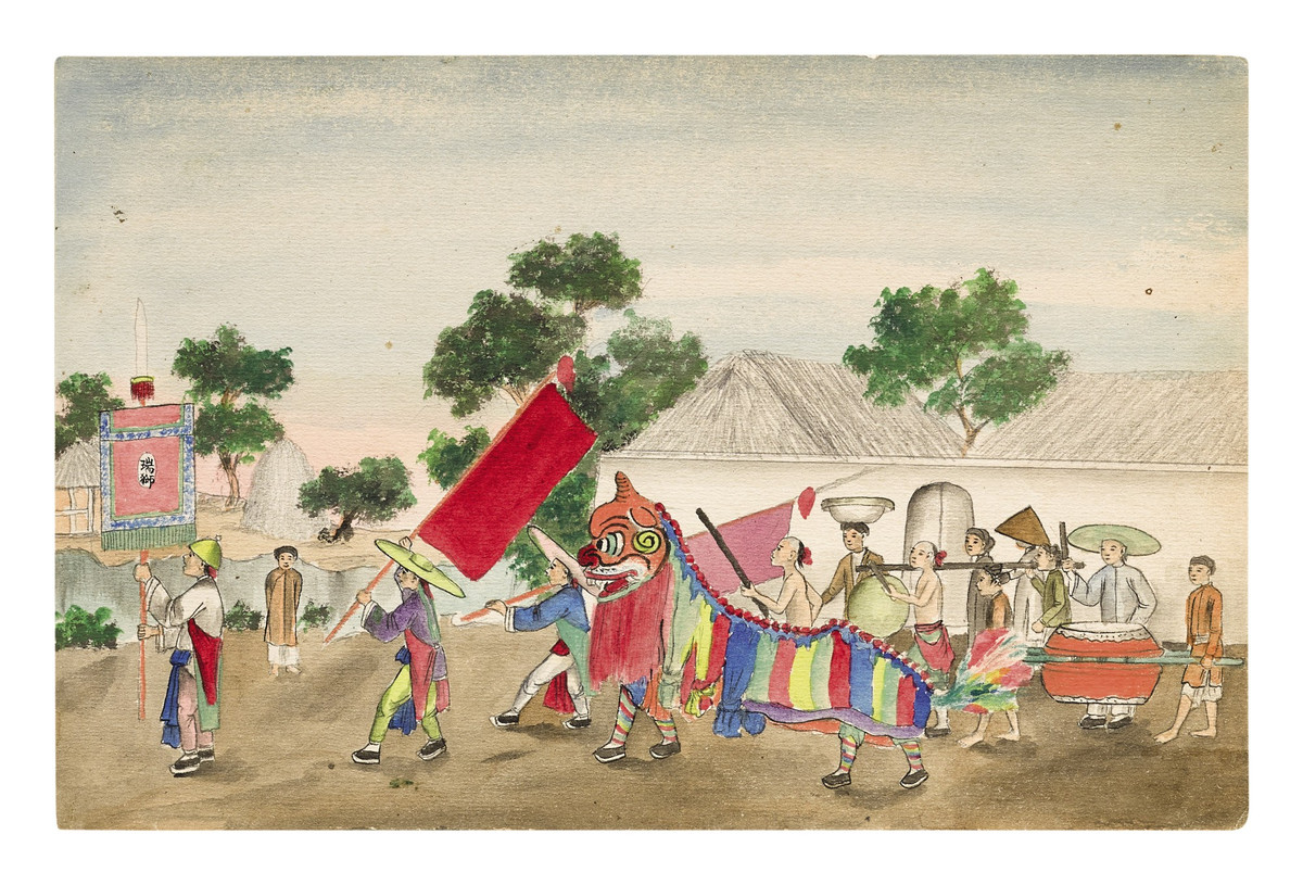 Đám múa lân với chiêng trống rộn ràng ở Nam Định xưa.