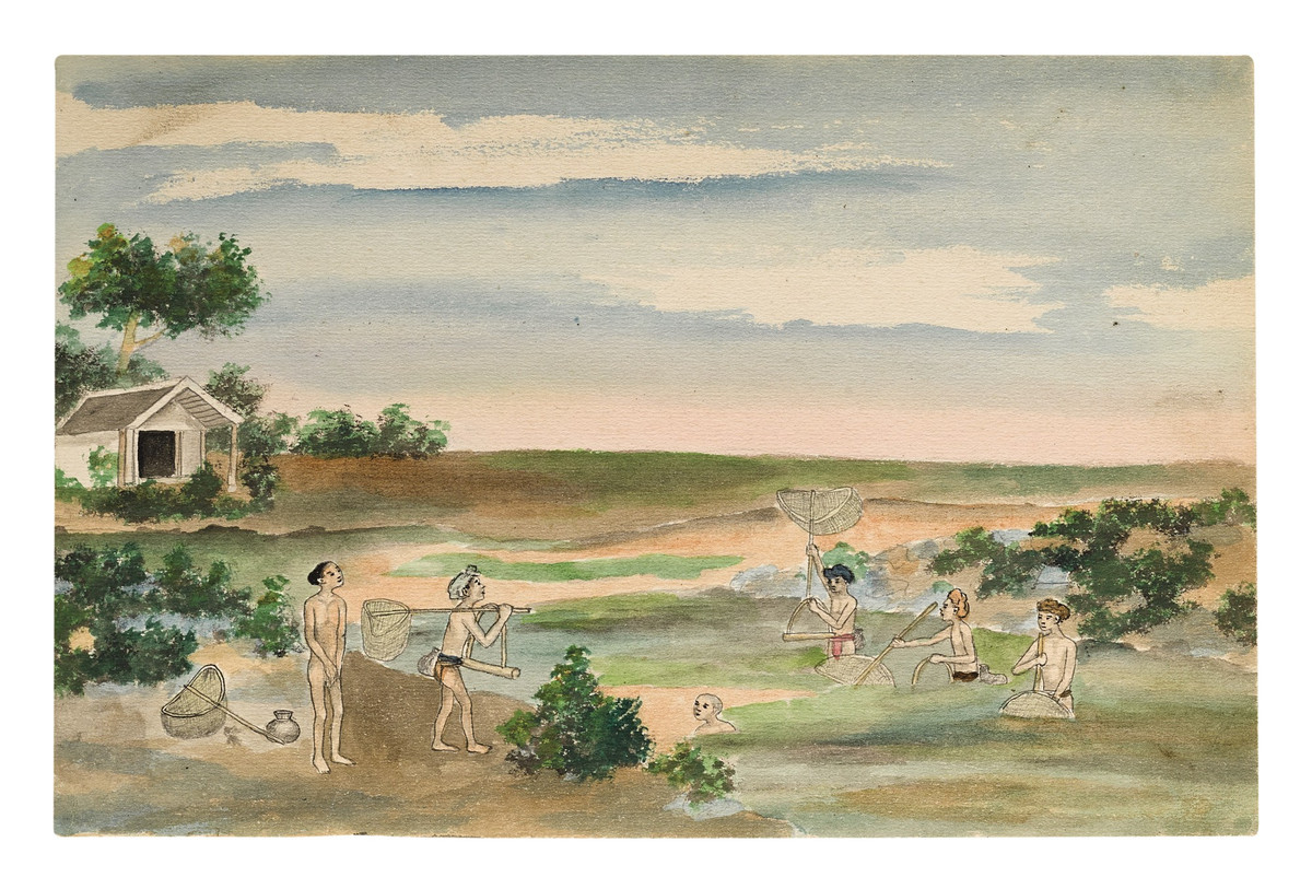 Những người đàn ông đánh giậm. Người ngoài cùng bên trái bị mất khố (?), phải buông đồ nghề để lấy tay che "chỗ hiểm".