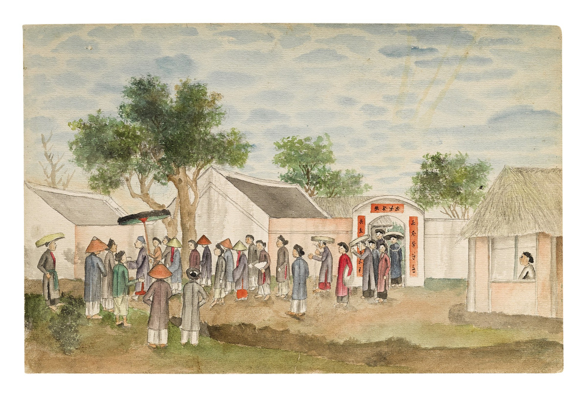 Chú rể được che lọng đến dạm ngõ nhà cô dâu.