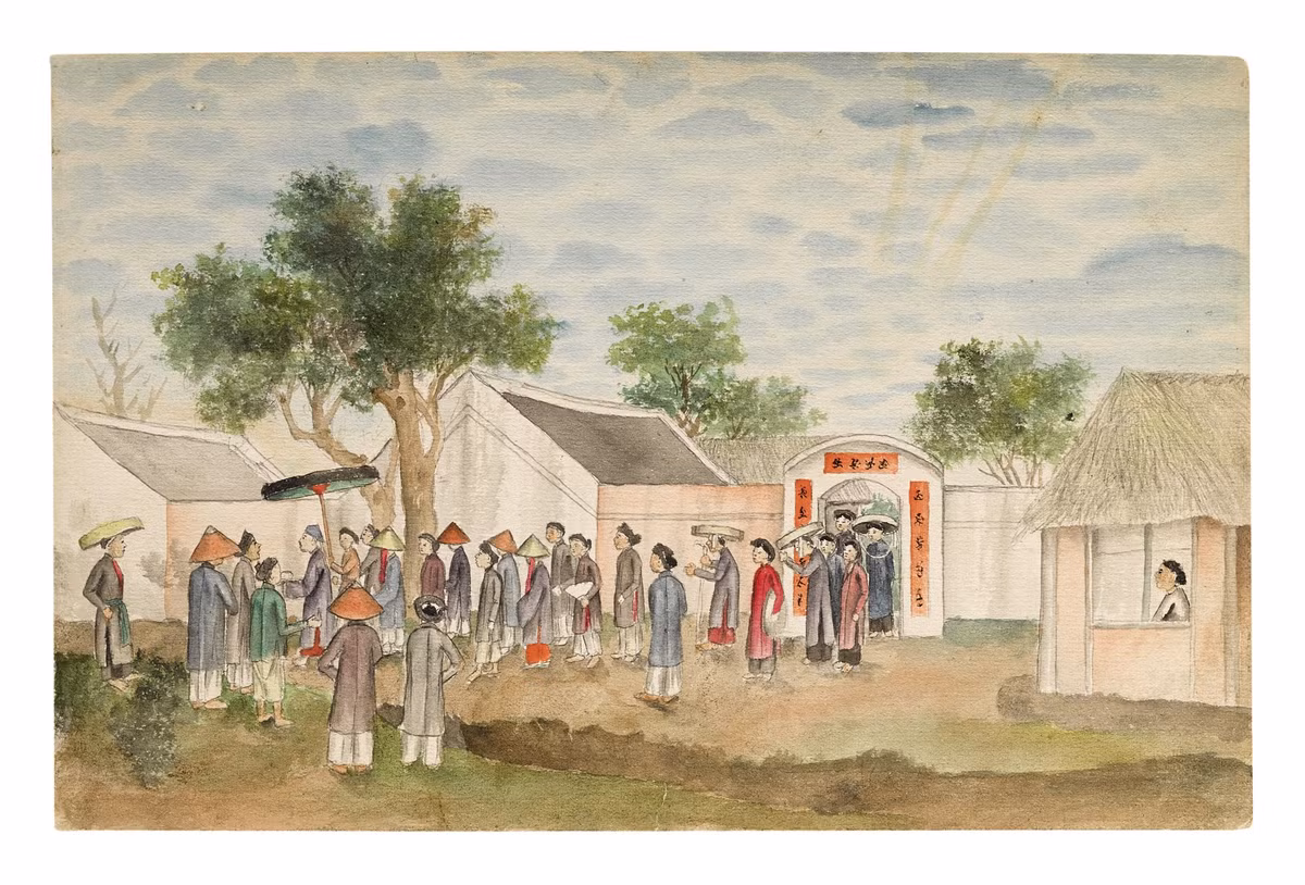 Chú rể được che lọng đến dạm ngõ nhà cô dâu.