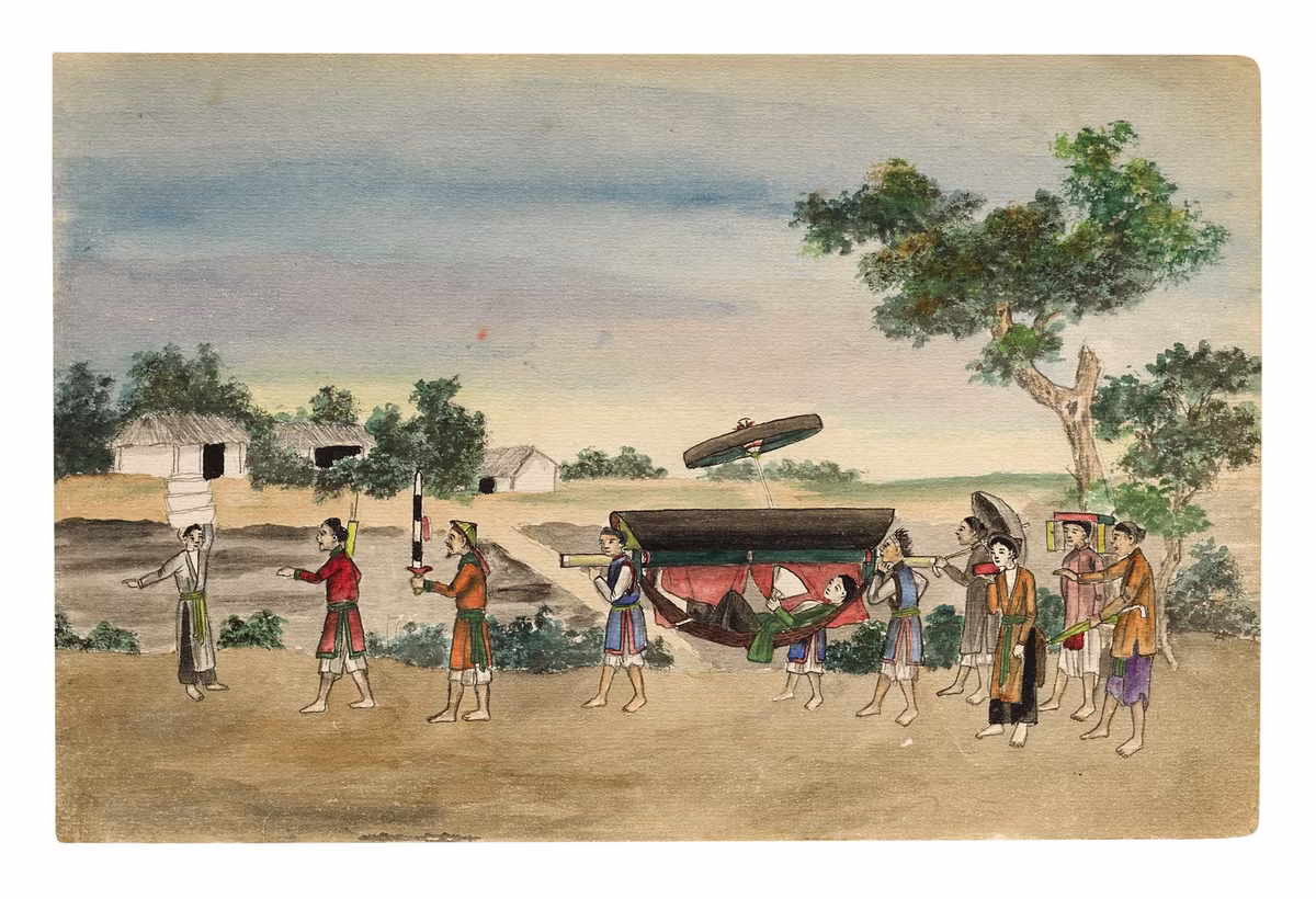 Cảnh đoàn người hộ tống một ông quan nằm trong kiệu, Nam Định cuối thế kỷ 19. Ảnh: Sothebys.com.