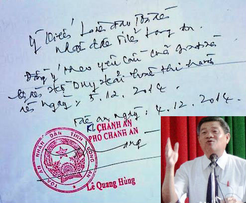 Phó Chánh án TAND tỉnh Long An Lê Quang Hùng (ảnh) và bút phê của ông trong đơn kêu oan gia đình tử tù Hồ Duy Hải. Ảnh: Phan Cường.