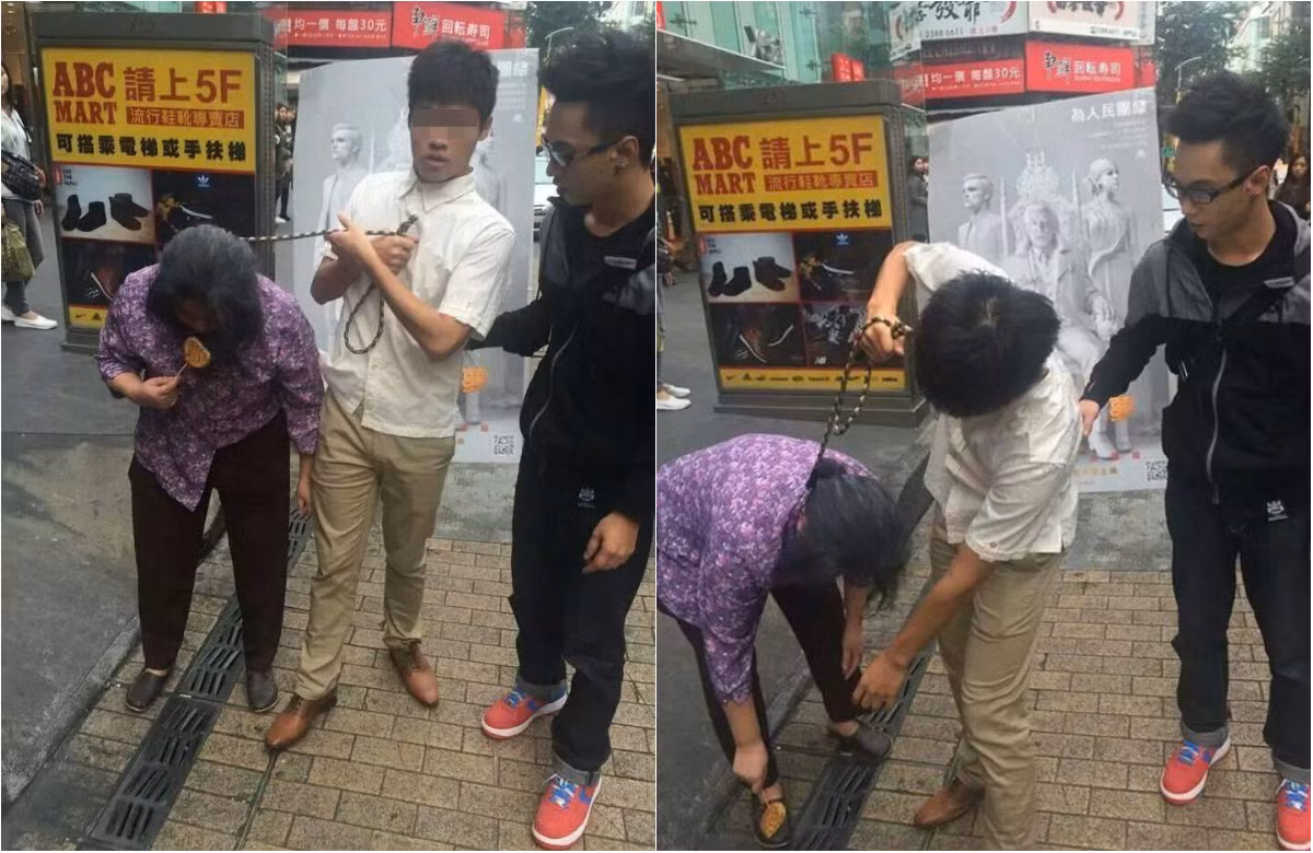 Nam thanh niên Trung Quốc xích cổ người được cho là mẹ của mình trên đường phố gây phẫn nộ. Ảnh: FB Linh Lary.