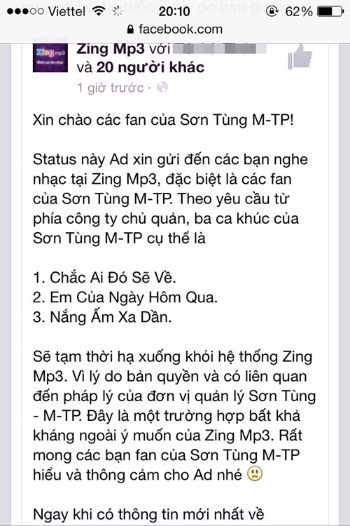 Thông tin ca khúc "Chắc ai đó sẽ về" cùng một loạt hit nổi tiếng của Sơn Tùng MTP bị gỡ khỏi hầu hết các trang âm nhạc trực tuyến khiến các fan của chàng ca sĩ này buồn rơi rụng. Điều này xảy ra do vấn đề bản quyền, pháp lý vẫn chưa được giải quyết.