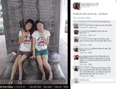 Ngoài việc ăn mặc hớ hênh trong nghĩa trang, các bạn trẻ còn thể hiện phong cách thời trang "mát mẻ" của mình ngay cả trong Quốc Tử Giám, một nơi linh thiêng bậc nhất của Hà Thành, thậm chí còn ngồi lên rùa đá.