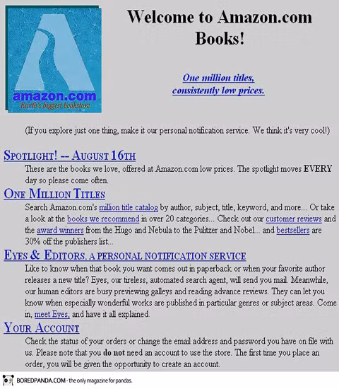 Hình thức "kho sách lớn nhất thế giới" Amazon năm 2005 khá tẻ nhạt