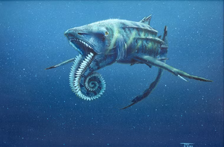 Helicoprion. Loài này sống trong kỷ carbon và nó tuyệt chủng trong kỷ Triad. Các nhà khoa học đã tìm thấy răng và xương hàm. Chúng cao khoảng 4,6 m. Trông chúng khá giống cá mập, có sụn, có vây và răng cưa sắc.