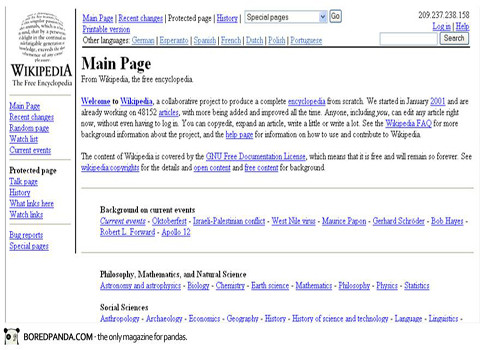 Trang Wikipedia năm 2001 cũng có thiết kế không thực sự bắt mắt.