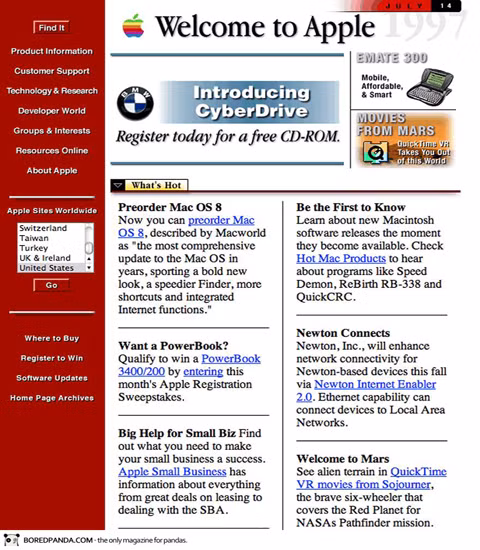 Trang web của Apple năm 1996 khá màu sắc.