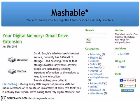 Trang chuyên về công nghệ thông tin Mashable năm 2005 nhìn khá rối mắt.