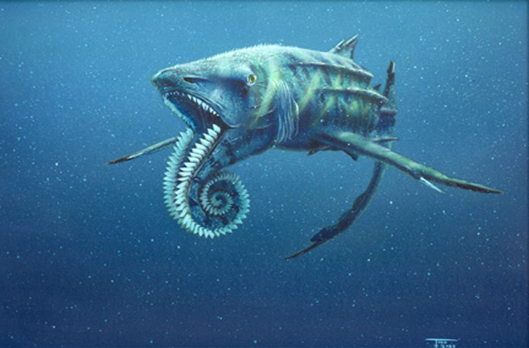 Helicoprion. Loài này sống trong kỷ carbon và nó tuyệt chủng trong kỷ Triad. Các nhà khoa học đã tìm thấy răng và xương hàm. Chúng cao khoảng 4,6 m. Trông chúng khá giống cá mập, có sụn, có vây và răng cưa sắc.