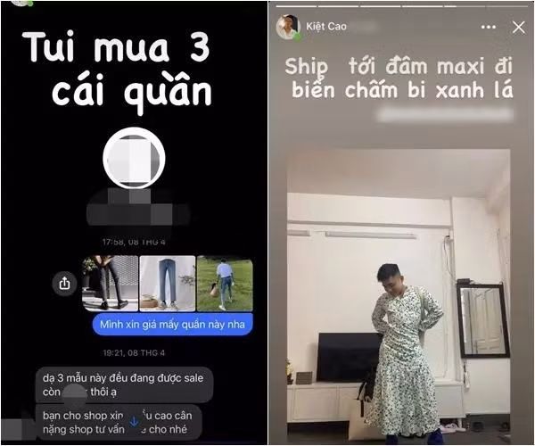 Một người sành sỏi như stylist của Hoa hậu H'Hen Niê cũng mua 3 chiếc quần nam rồi nhận một chiếc đầm maxi đi biển chấm bi xanh lá.