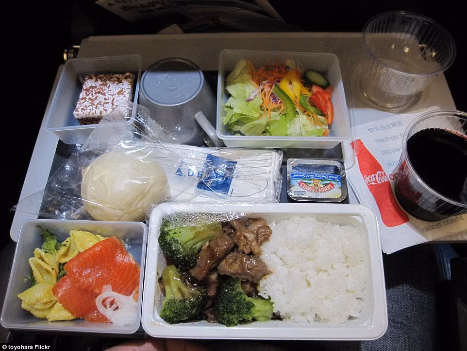 Hãng Delta Airlines của Mỹ phục vụ món cá hồi sashimi và mì ống vỏ sò là món khai vị trên chuyến bay. Tiếp theo là salad rau diếp, cà rốt, bắp cải tím, ớt. Món chính gồm cơm, súp lơ, thịt bò teriyaki hoặc thịt gà. Cuối cùng, khách có thể tráng miệng bằng một chiếc bánh.