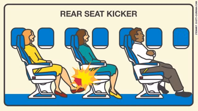 Đá chân vào ghế trước: Con số nghiên cứu của công ty du lịch trực tuyến Expedia trong năm 2014 cho thấy, 67% hành khách cảm thấy rất bực bội vì bị người ngồi sau đá vào chân ghế.