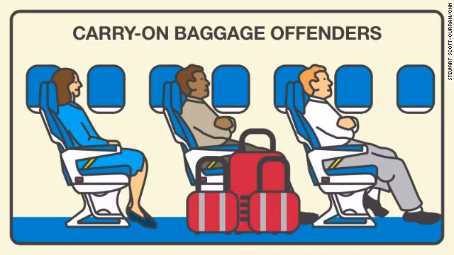 Mang nhiều hành lý xách tay: Những hành khách này “tự nhiên như ở nhà”, bày biện hành lý xách tay xung quanh chỗ ngồi khiến việc đi lại của người khác trở nên rất khó khăn.