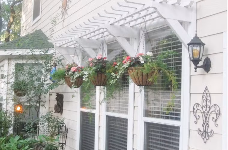 Hay có thể dùng các giỏ hoa treo để trang trí.