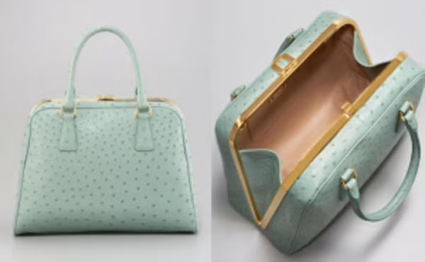 8. Chiếc túi Prada Ostrich Tote giá 9.600 USD. Túi đã được chế tác từ da đà điểu, với các phần cứng mạ vàng, bên trong lót da thật may thủ công. Bên ngoài được trang trí logo tam giác da thật với chi tiết chữ và đường viền mạ vàng quen thuộc của hãng Prada.