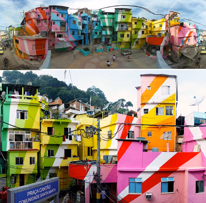 Những ngôi nhà đầy màu sắc ở Santa Marta, Rio De Janeiro, Brazil.