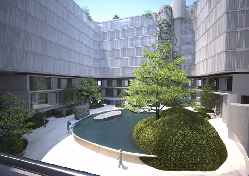Trung tâm tòa nhà có khuôn viên khá đẹp gồm có một bồn nước và cây cối ở trung tâm.