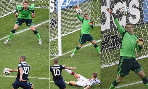 Neuer thể hiện anh đúng là một "bàn tay nhựa" trong trận đấu giữa Đức – Pháp trong trận tứ kết World Cup 2014. Gần như mọi cơ hội của Pháp đều bị Neuer từ chối.