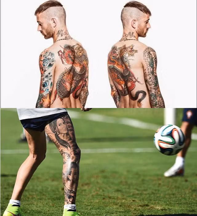 Raul Meireles (Bồ Đào Nha) không chỉ nổi tiếng với kiểu tóc chất chơi, mà còn là cầu thủ có nhiều hình xăm nhất. Anh xăm chi chít trên khắp cánh tay, ngực, sau gáy và một con rồng nhiều màu đằng sau lưng. Bộ sưu tập của anh nằm toàn bộ ở chân phải, tính từ mắt cá lên đến đùi, được hoàn thành vào tháng 1 năm nay. Hình xăm bao gồm khuôn mặt ba người phụ nữ, một chiếc đồng hồ bỏ túi, xe điện nổi tiếng ở thủ đô Lisbon và tòa tháp ở Porto quê nhà của anh.