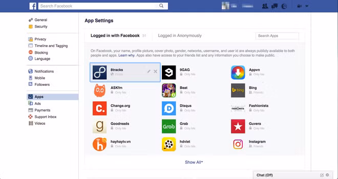 12. Người dùng có thể tuỳ chỉnh ở mỗi ứng dụng hoặc xoá nó hoàn toàn để ứng dụng đó không thể truy cập vào tài khoản Facebook của mình nữa