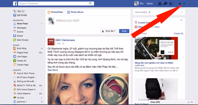 1. Trước tiên là cách "giải quyết" việc theo dõi quảng cáo: Click vào mũi tên đi xuống ở phía trên bên phải trang Facebook