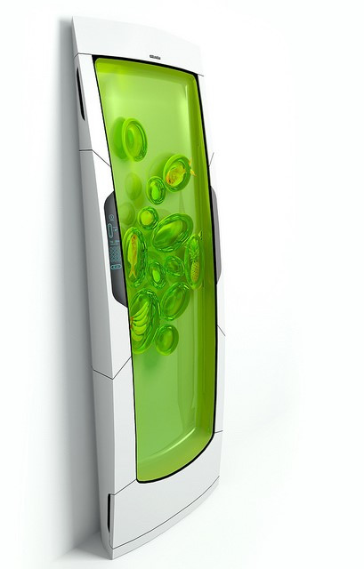 Tù lạnh Bio Robot được gắn vào tường, chứa đầy chất lỏng màu xanh và người dùng có thể nhìn thấy những thứ được chứa bên trong.