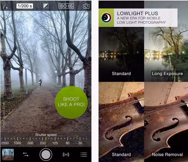  ProCamera +:Đây là ứng dụng chụp ảnh trên iPhone có các thiết lập khá phức tạp. Tuy nhiên, giao diện trực quan lại là điểm cộng của ProCamera Phần mềm này có giá 5 USD và người dùng có thể mua thêm 1 số cài đặt in-app.