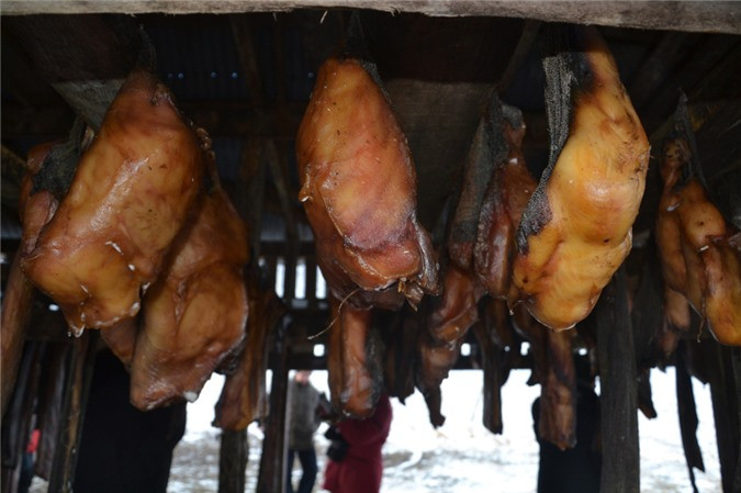 Hákarl (Iceland): Những tưởng các món lên men phải khiến nhiều người phương Tây "chạy dài" do mùi hương, tuy nhiên ở Iceland lại nổi tiếng với món thịt cá mập "ỉu" (rotten sharks). Xác cá mập được chôn dưới đất và nén bằng những hòn đá để ép ra các chất độc trong cơ thể cá. Sau khi đã ép hết độc thì những xác này sẽ được treo lên phơi khô.