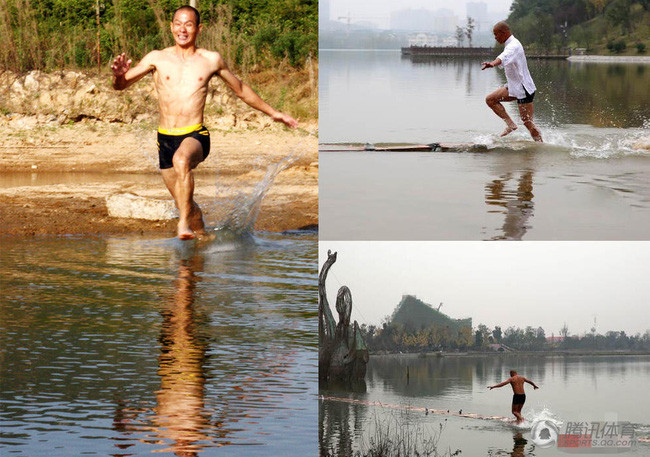 4. Thủy Thượng Phiêu: Nhắc đến khinh công Thiếu Lâm, người ta thường nhớ đến hình ảnh những cao tăng bay trên mặt nước. Trên thực tế, "Thủy Thượng Phiêu" cũng là một trong những môn khinh công nổi tiếng của Thiếu Lâm. "Thủy Thượng Phiêu" có nghĩa là lướt trên mặt nước nhẹ như bay. Võ tăng Thích Lý Lượng, người có khả năng chạy lướt 120m trên mặt nước đã lập kỷ lục thế giới nhờ luyện "Thủy Thượng Phiêu". 