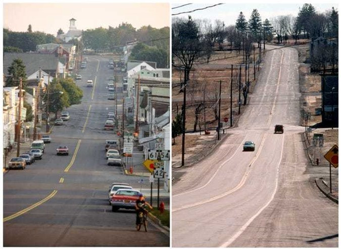 Bức ảnh cho thấy sự khác biệt trên đường phố chính của thị trấn mang tên Locust Avenue vào tháng 10/1983 và với tháng 6/2000. Sự suy giảm kinh tế khu vực không phải là nguyên nhân duy nhất khiến cư dân ở đây ngày càng thưa thớt. Ít nhất kể từ năm 1962, xuất hiện một đám cháy vỉa than âm ỉ lan tỏa bên dưới bề mặt, không ai biết rõ ngọn lửa bắt đầu từ khi nào nhưng lửa không hề tắt trong nhiều thập kỷ qua.