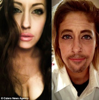 Mỗi lần định hoá trang thành ai đó, Carly dành thời gian nghiên cứu ít nhất 3 bức ảnh của người đó, để nắm bắt được khuôn mặt, phong cách, và biểu cảm của họ. Ảnh: Một mình Carly cũng có thể hoá trang thành cặp đôi nổi tiếng xứ Hollywood - Angelina Jolie và Brad Pitt.