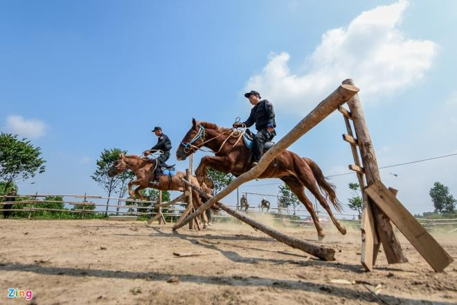 Bài tập nhảy vượt rào giúp ngựa thích nghi với nhiều kiểu địa hình khác nhau như vượt suối, rãnh, hào hay truy bắt tội phạm ở địa hình hiểm trở. Bài tập này được đánh giá là khá khó, nên nhiều chú ngựa vẫn chưa thể nhảy qua rào thành thục hay dễ xảy ra chấn thương cho cả người lẫn ngựa trong quá trình tập luyện.