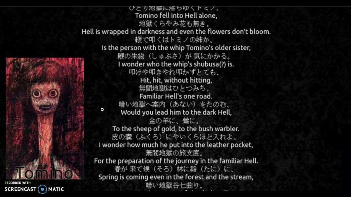 Bài thơ được viết bởi Yomota Inuhiko, in trong cuốn sách "Trái tim như tảng đá lăn", xuất bản năm 1919. Giọng điều bài thơ giống như lời sấm truyền, nói về hành trình đi xuống địa ngục của Tomino, một nhân vận được cho là nữ giới, bị nguyền rủa và đánh mất linh hồn mình.