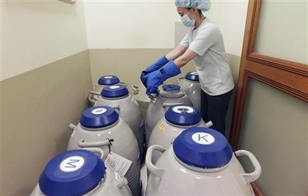 Nhân viên đang kiểm tra bồn, bể chứa ni tơ lỏng được sử dụng để bảo vệ tế bào trứng và phôi.