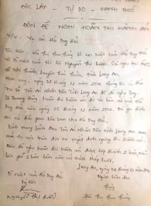 Lá đơn đề nghị hoãn thi hành án đối với Hồ Duy Hải của gia đình...